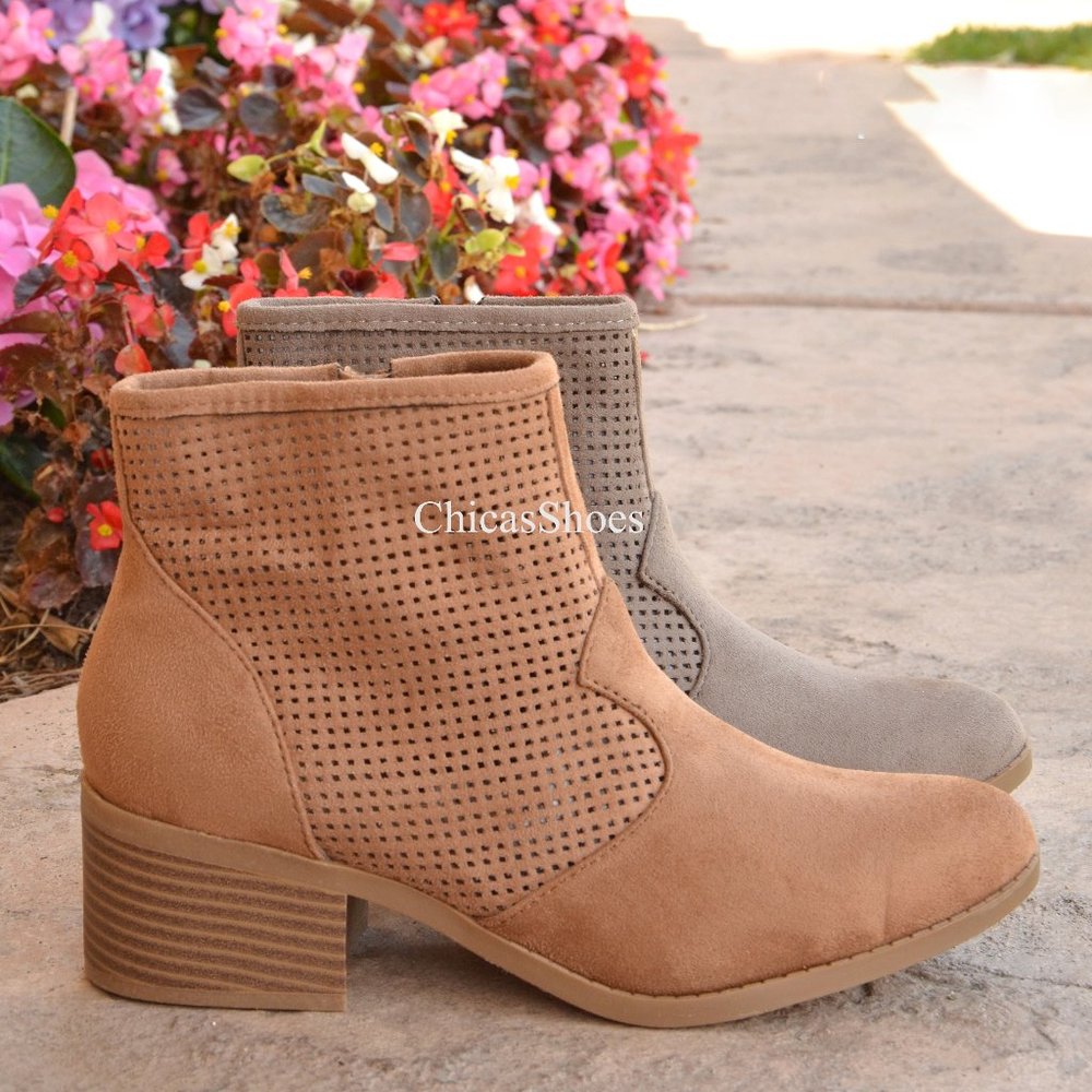 New Taupe Ankle Boots Chunky Heel Faux Suede